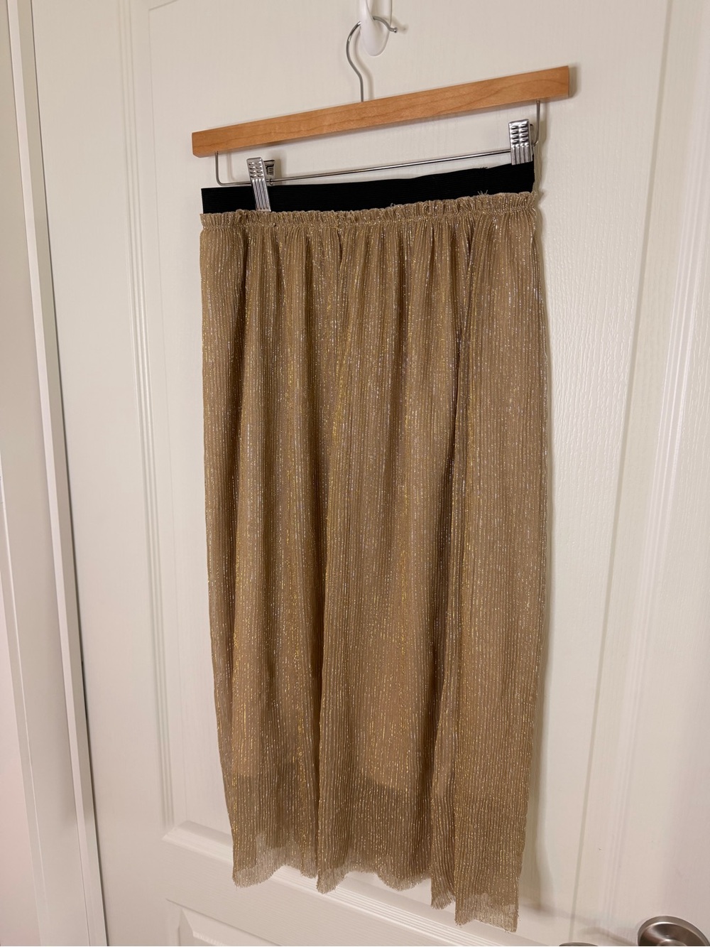 free press Gold Metallic Pleated Midi Skirt with Black Waistband
